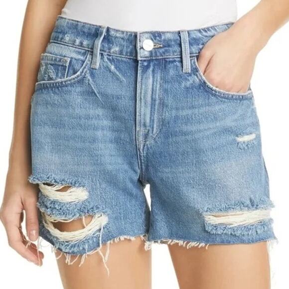 Frame Blue Mid Rise Relaxed Fit Le Grand Garcon Shorts in Montgrove Rips - Picture 2 of 10